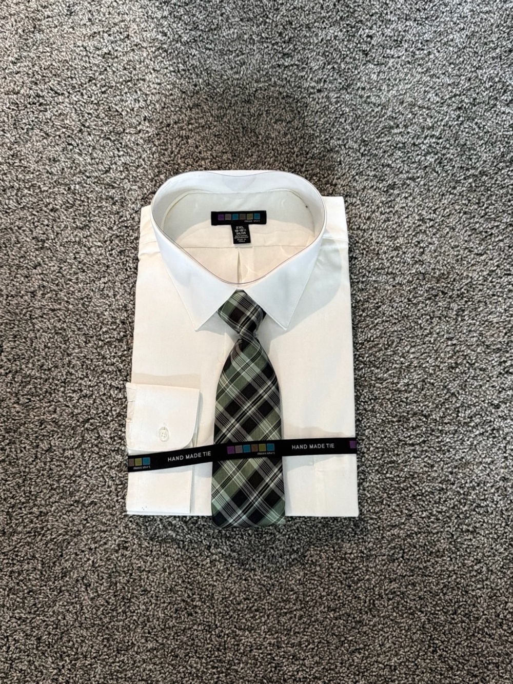 Men's White Dress Shirt with Green Plaid Tie